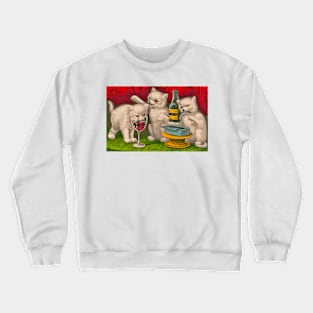 Kittens drinking and eating sardine fish Crewneck Sweatshirt